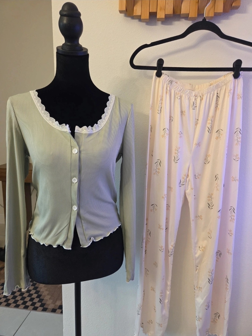Soft Ribbed Lace-Trim Pajama Top & Floral Lounge Pants - Sage and Cream - Picture 2 of 5